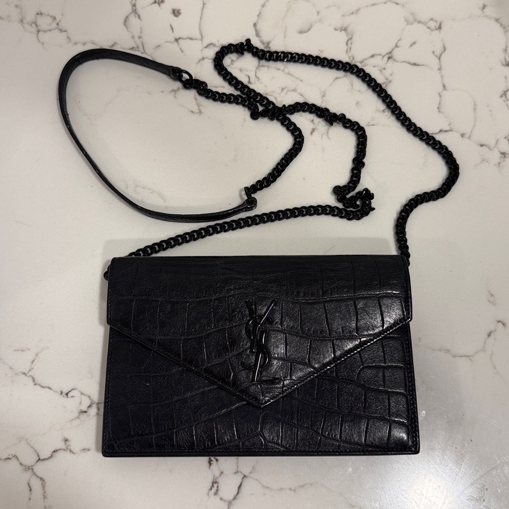 Yves Saint Laurent Black Croc-Embossed Leather Crossbody Bag